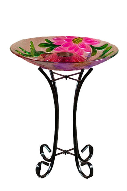 SOLAR FLORAL GLASS HUMMINGBIRD BIRD BATH W/STAND