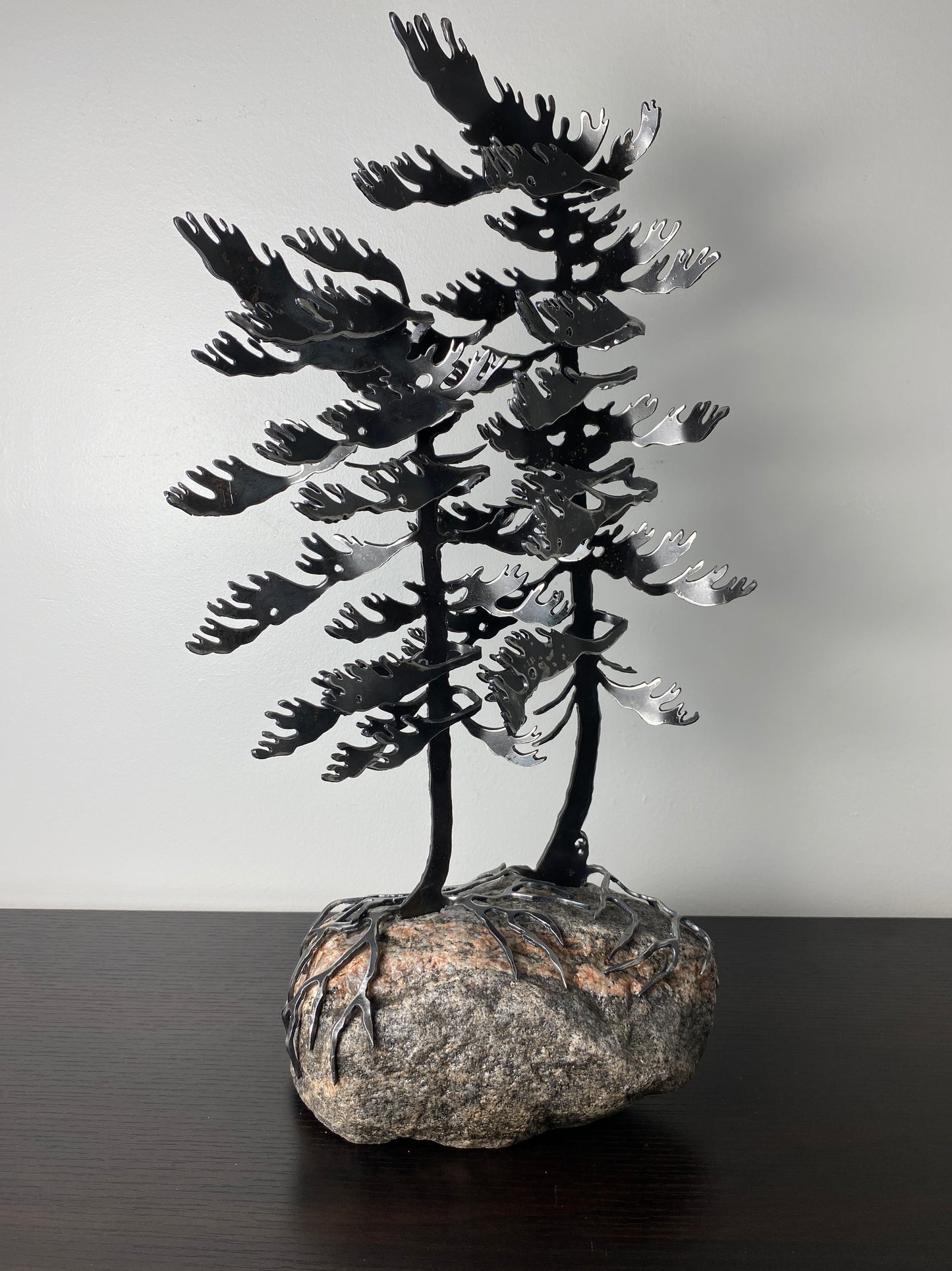Windswept Pine Steel Sculpture with Canoe on Granite by Canadian Artist Cathy Mark #33
