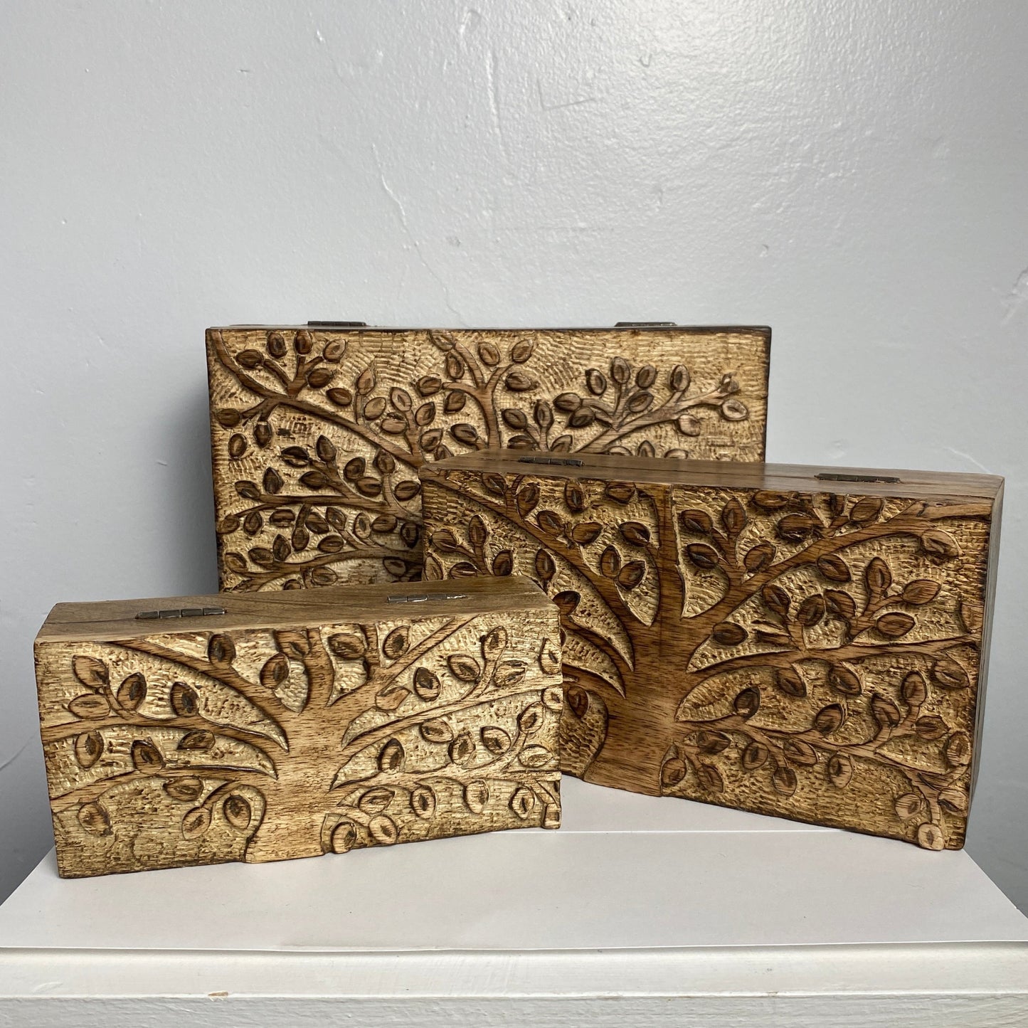 3 tree of life boxes made of mango woo