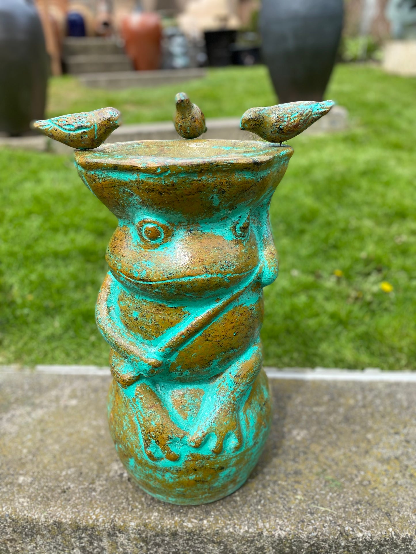 Frog Bird Bath Made in Mexico - Green with Birds