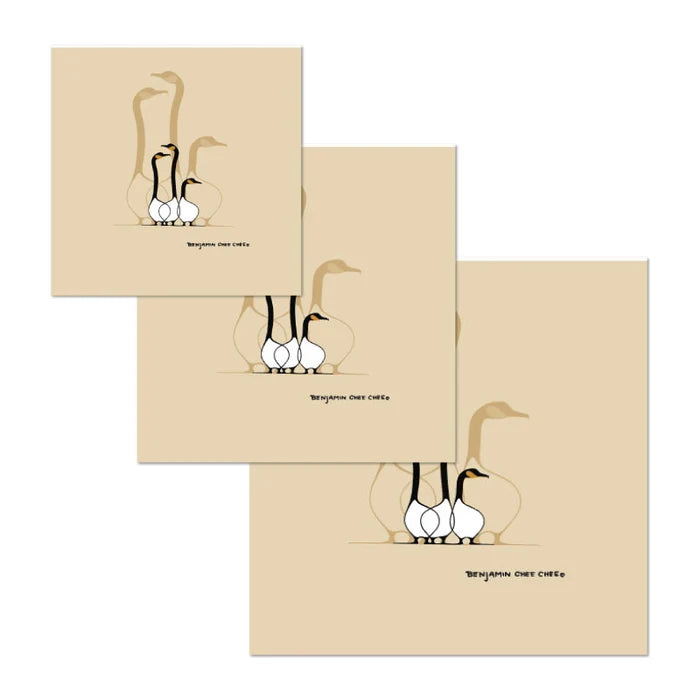 Three sizes of Benjamin Chee Chee's Friends eco food wrap laid flat, beige with two geese.