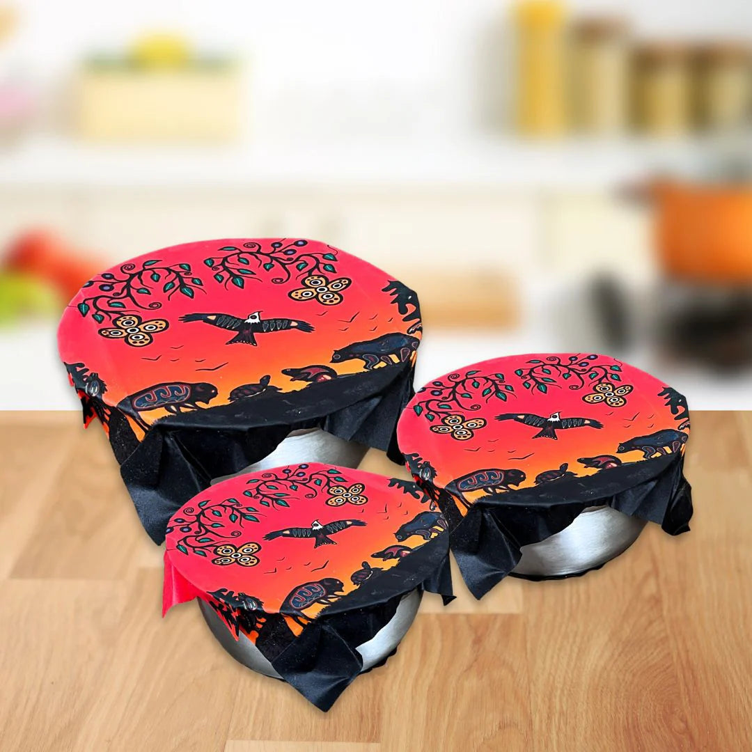  Cody Houle's Seven Grandfathers Teachings eco food wraps on three bowls, red with eagles and bears.