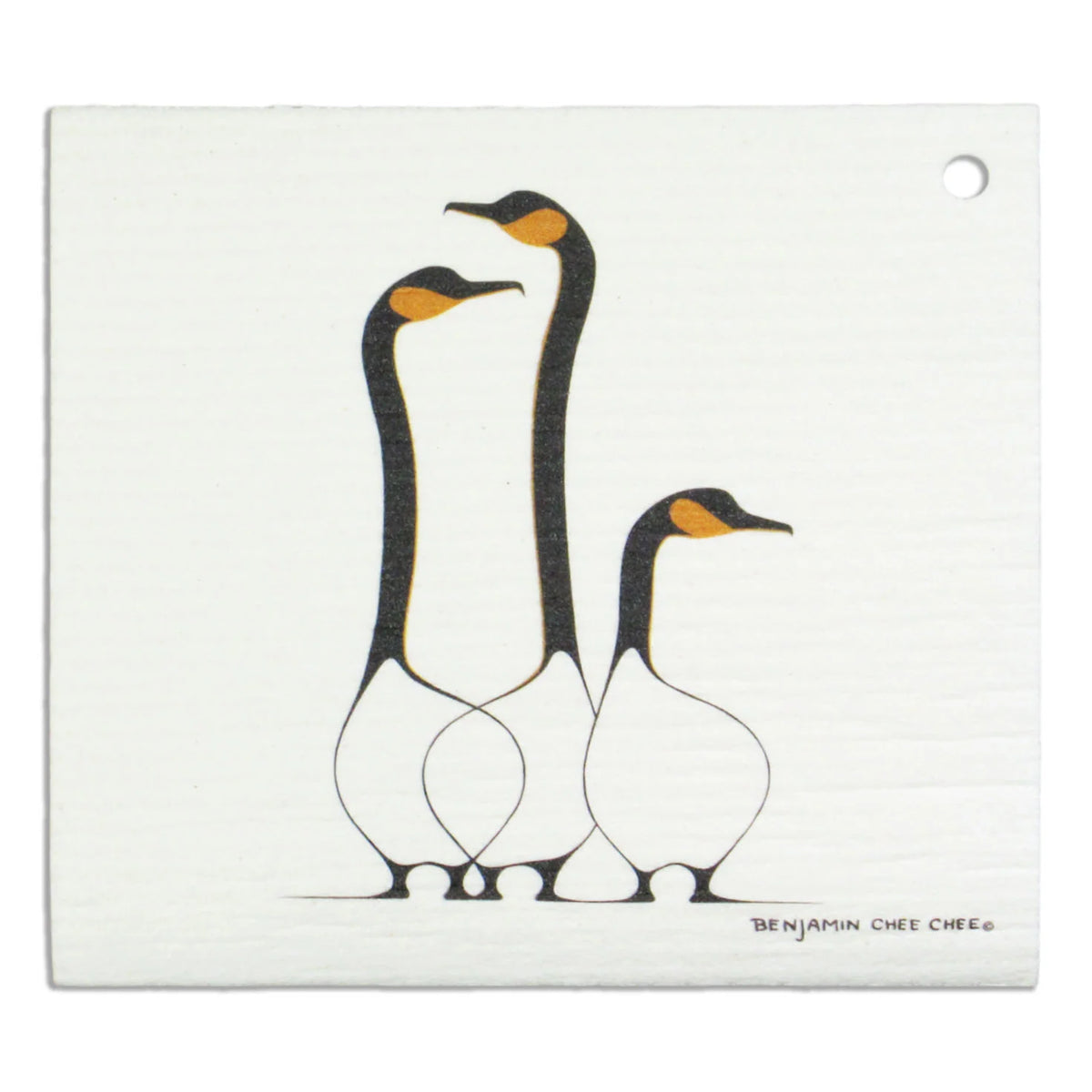White eco dish cloth printed with Benjamin Chee Chee's Friends artwork of three geese with black necks and orange beaks.