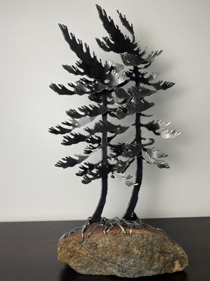 Windswept Pine Steel Sculpture with Canoe on Granite by Canadian Artist Cathy Mark #3