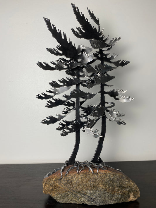 Windswept Pine Steel Sculpture with Canoe on Granite by Canadian Artist Cathy Mark #3