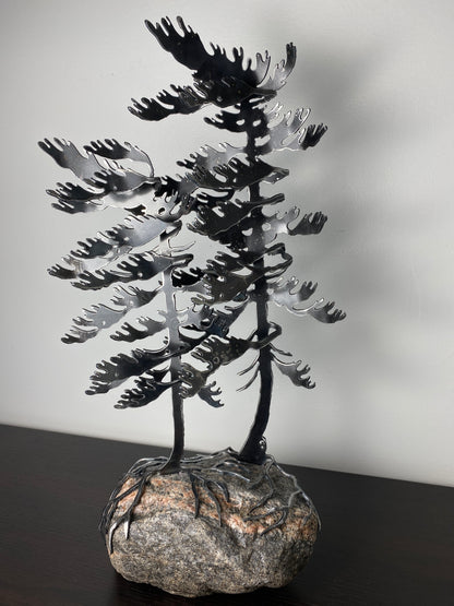 Windswept Pine Steel Sculpture with Canoe on Granite by Canadian Artist Cathy Mark #33