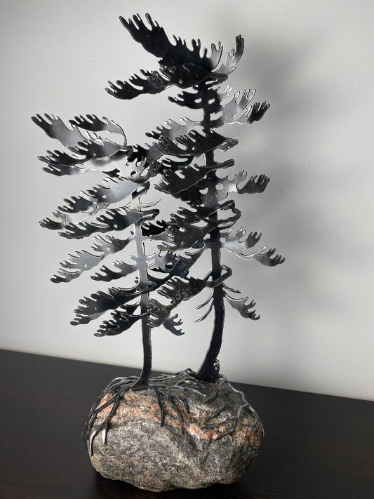 Windswept Pine Steel Sculpture with Canoe on Granite by Canadian Artist Cathy Mark #33