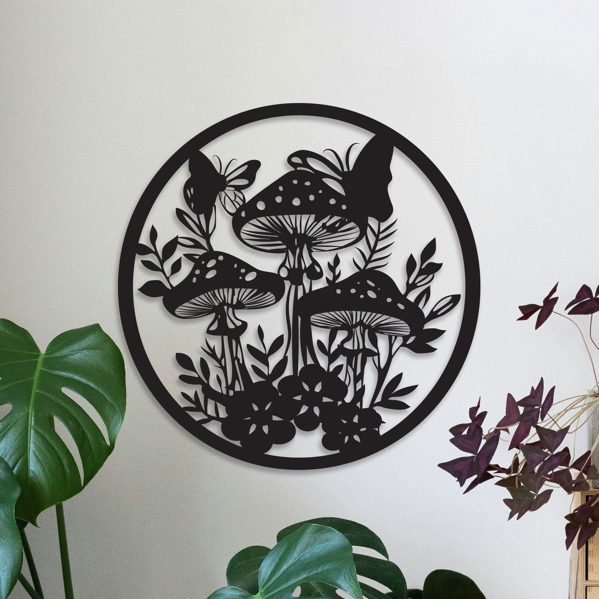 Metal wall hanging for the garden of Mushrooms, butterflies and Flowers