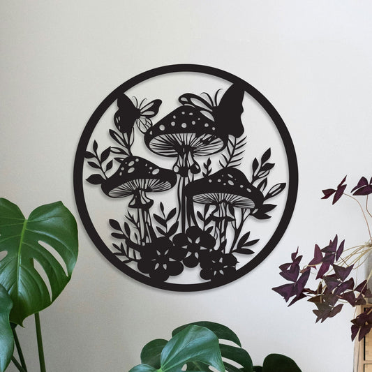 Metal wall hanging for the garden of Mushrooms, butterflies and Flowers