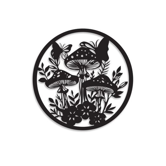 Metal wall hanging for the garden of Mushrooms, butterflies and Flowers