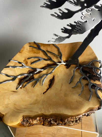 Windswept Pine Steel Sculpture on Maple Burl by Canadian Artist Cathy Mark #4 close up of exposed roots
