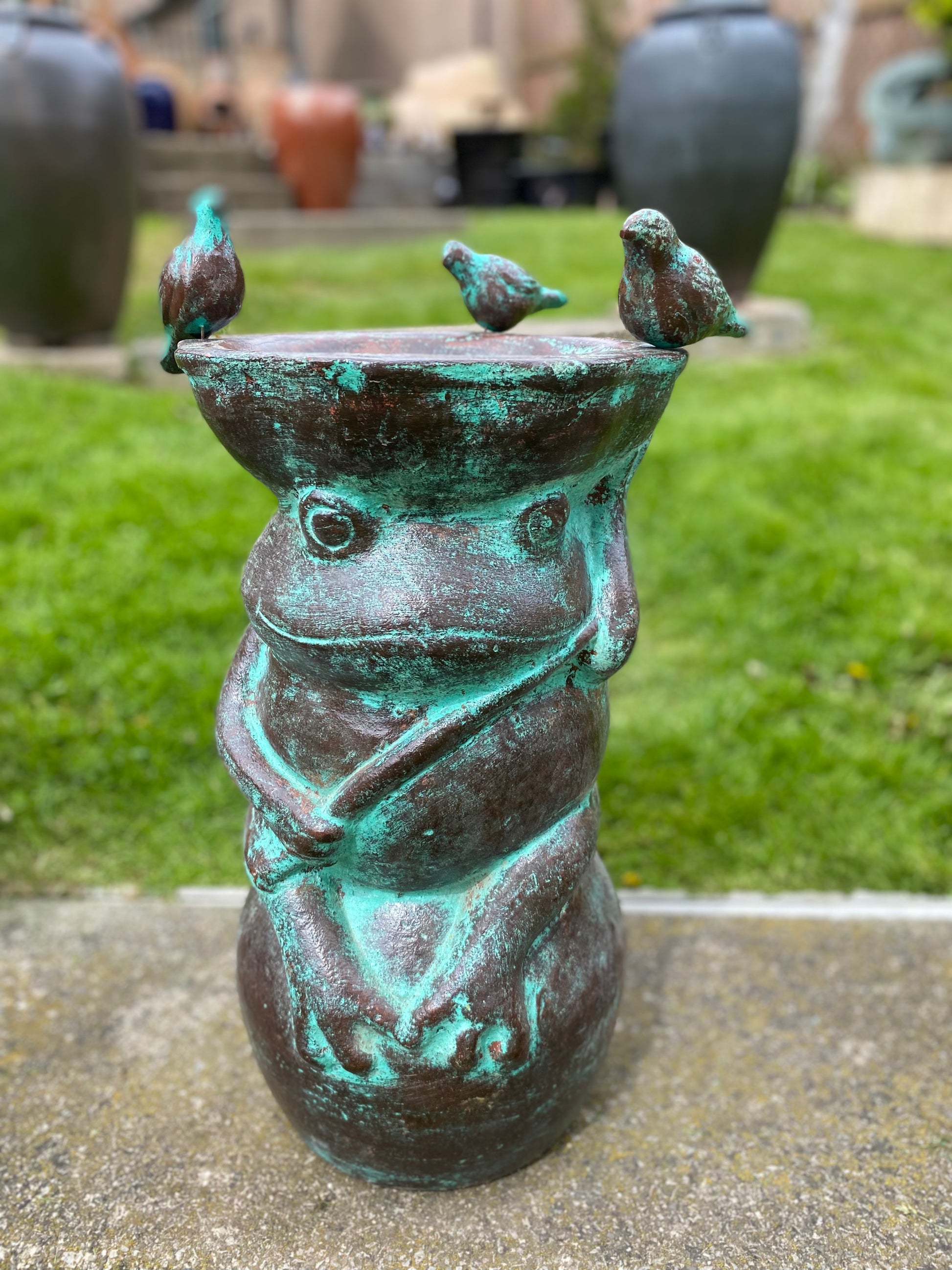 Frog Bird Bath Made in Mexico - Green with Birds