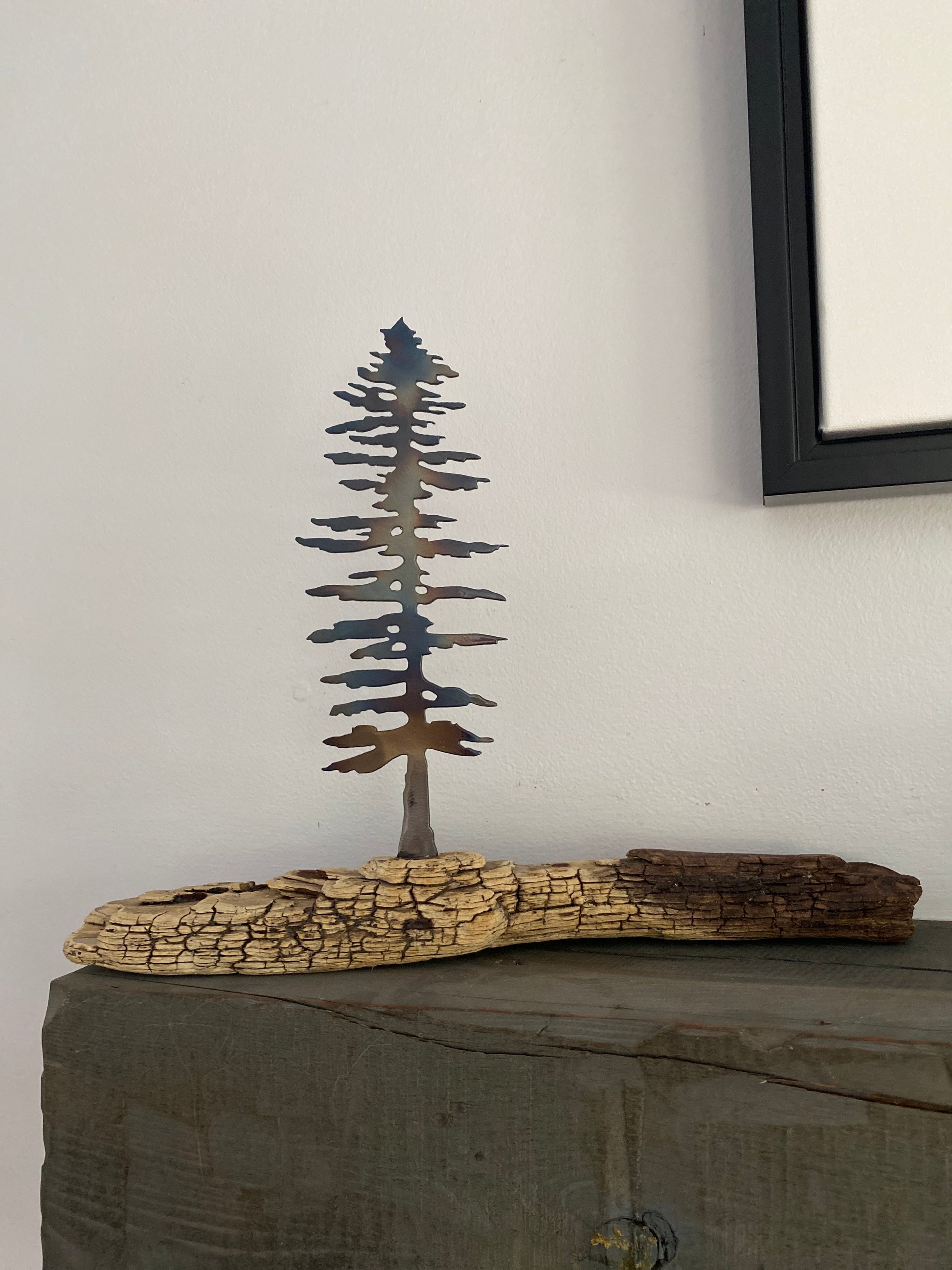 Raw Metal Pine Tree on Driftwood – Canadian Made