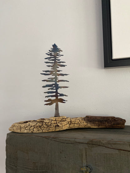Raw Metal Pine Tree on Driftwood – Canadian Made