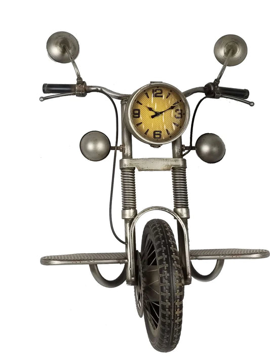 Wall clock designed like a motorcycle on a white background