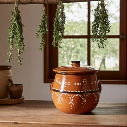 Traditional Clay Frango Na Púcara Pot with Lid – Hand Painted Portuguese Terracotta (6x6x8in)