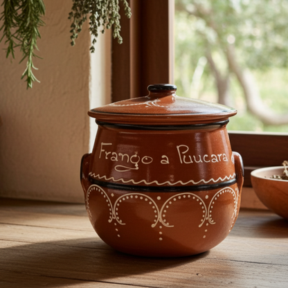 Traditional Clay Frango Na Púcara Pot with Lid – Hand Painted Portuguese Terracotta (6x6x8in)
