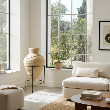 Modern living room with a large vase, sofa, and window view