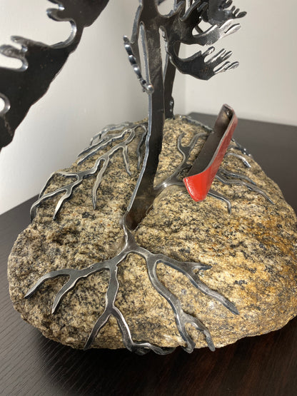 Windswept Pine Steel Sculpture with Canoe on Granite by Canadian Artist Cathy Mark #12