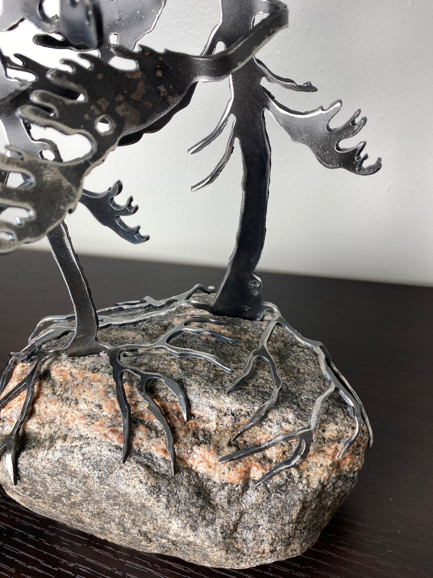 Windswept Pine Steel Sculpture with Canoe on Granite by Canadian Artist Cathy Mark #33