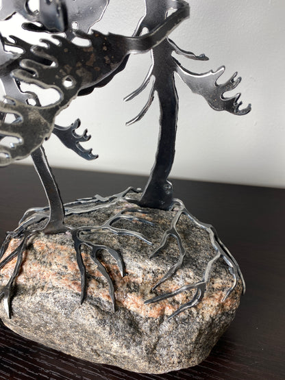 Windswept Pine Steel Sculpture with Canoe on Granite by Canadian Artist Cathy Mark #33