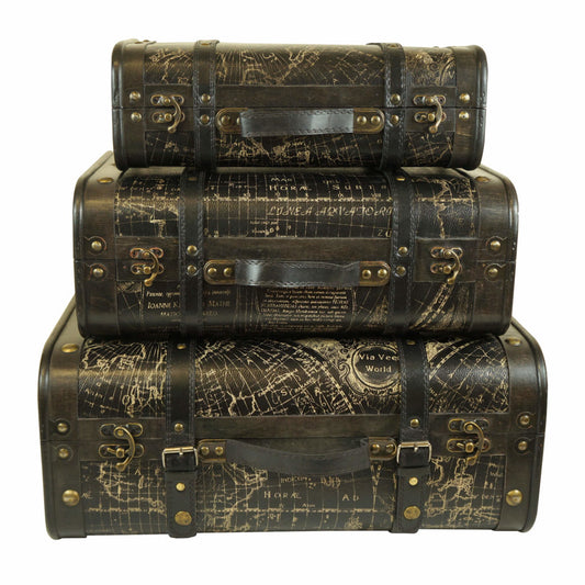 Dark Brown Suitcases with Black and Gold Map