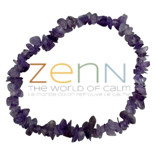 Amethyst chip bracelet with Zenn brand logo on a white background