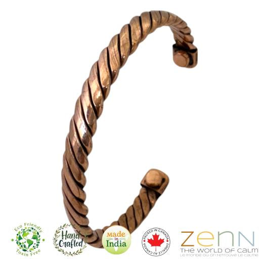 Copper armlet with twisted design on a white background, featuring 'Zen' branding.