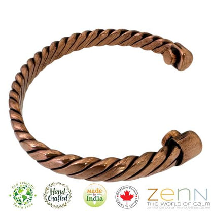 Twisted copper bracelet with 'Zen' branding on a white background