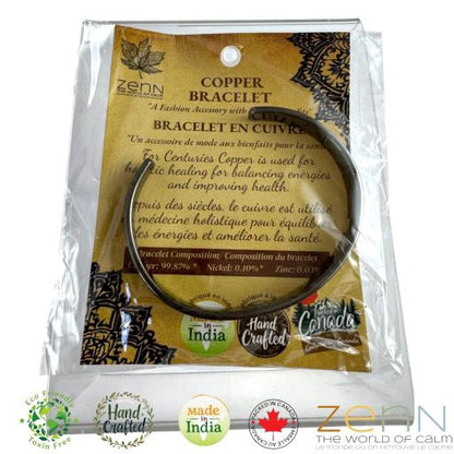 Copper bracelet in packaging with Zenn branding and product details.