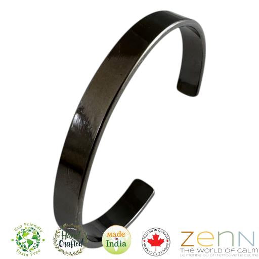 Black metal bracelet on a white background with 'Zen' branding.