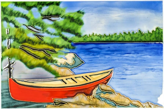 Hand painted tile - red canoe