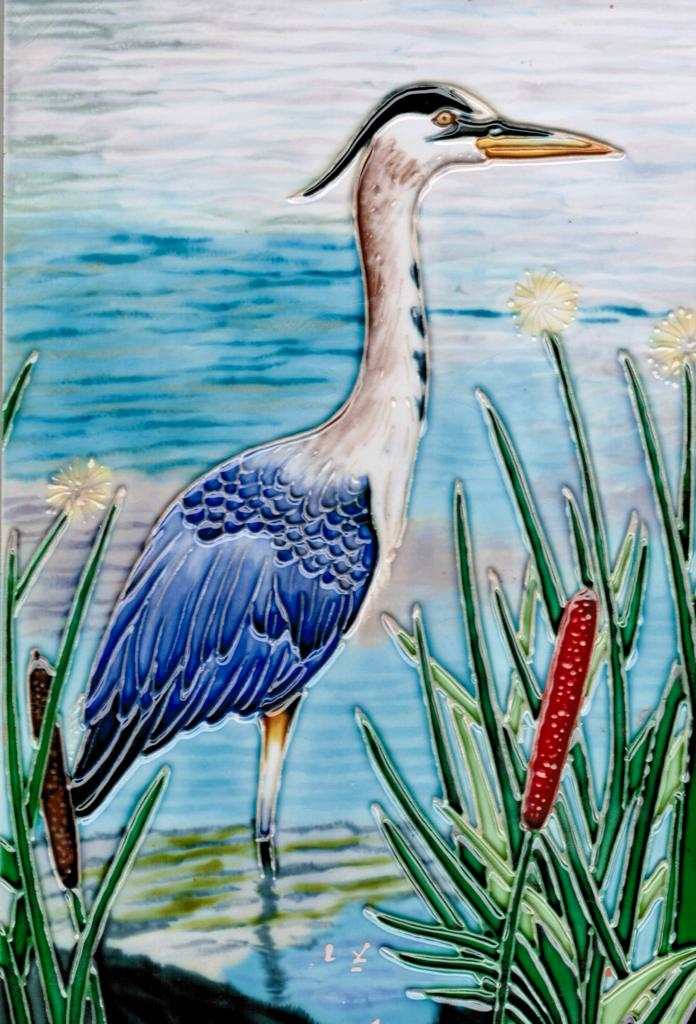 Greta blue heron ceramic art tile