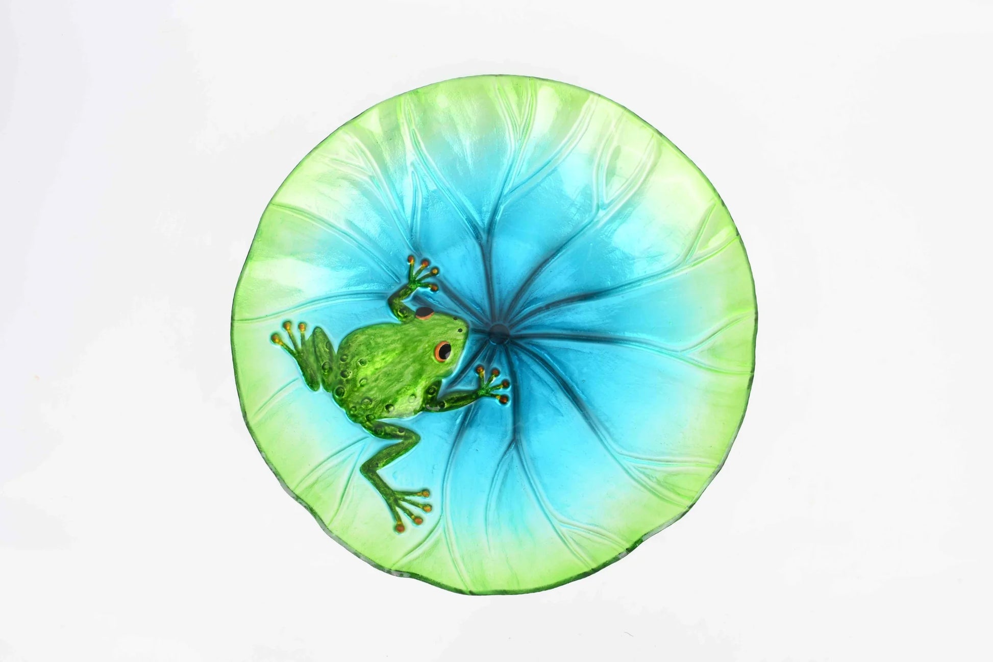 Glass bird bath with metal stand frog design