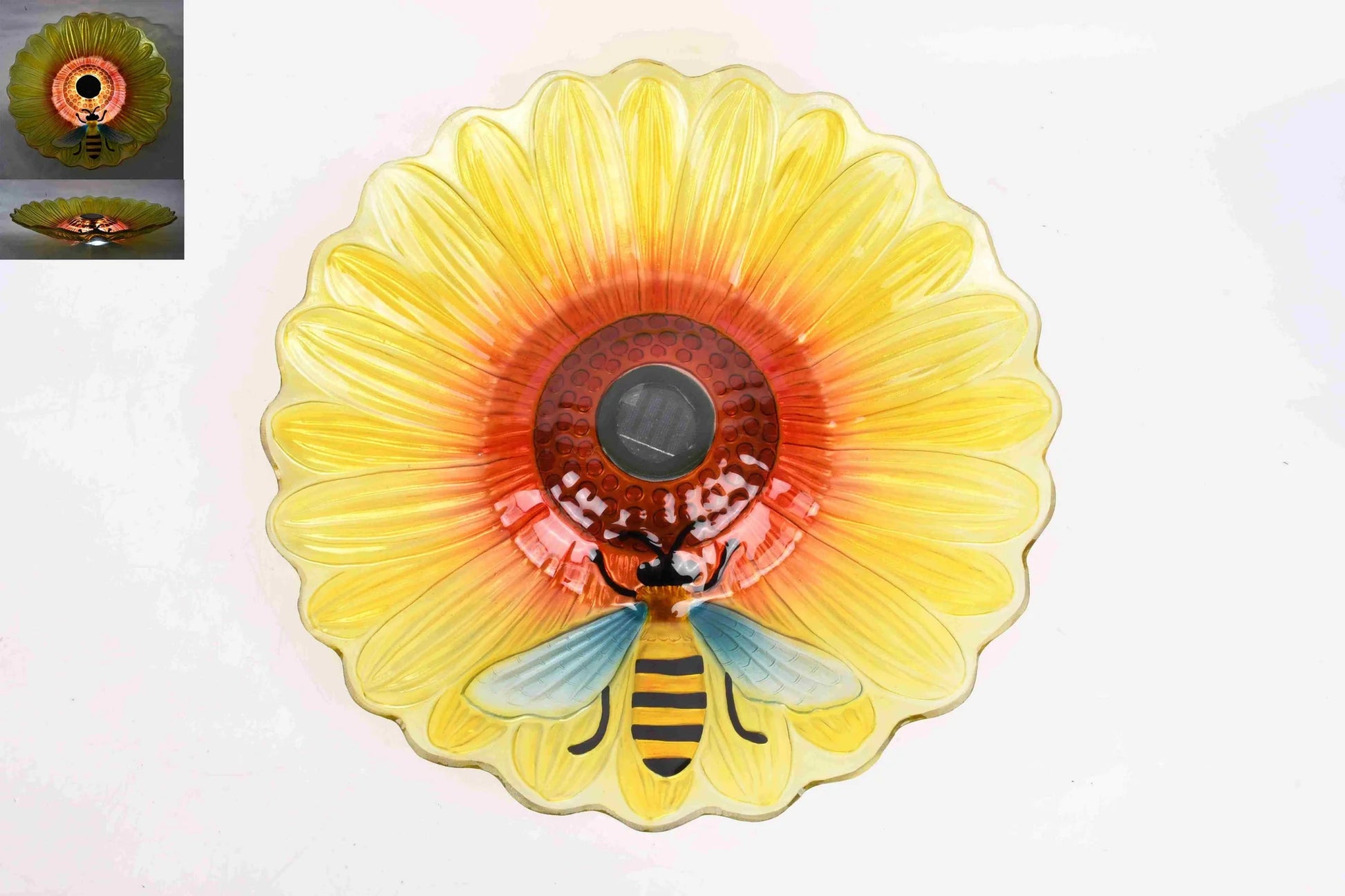 Solar Led Verdant Glass Bird Bath With Stand - Sunflower With Bee