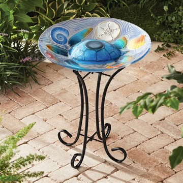 Solar bird bath with turtle design