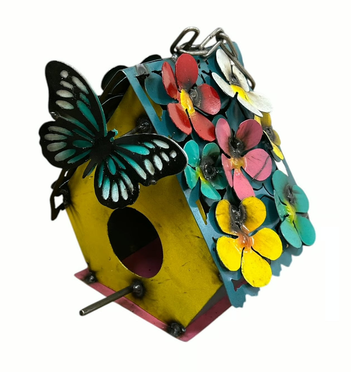 Flower with Butterfly Birdhouse  - Made in Mexico From Recycled Metal