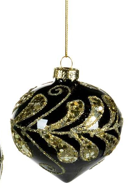 black Christmas ornaments with gold decorative patterns on a white background
