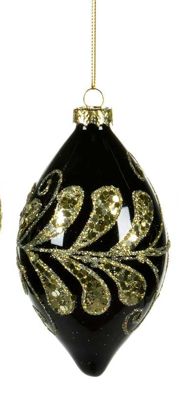 black Christmas ornaments with gold decorative patterns on a white background