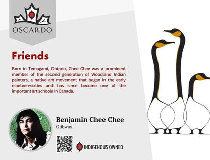 Artist card for Benjamin Chee Chee's Friends design, with the Ojibway artist's biography and portrait.