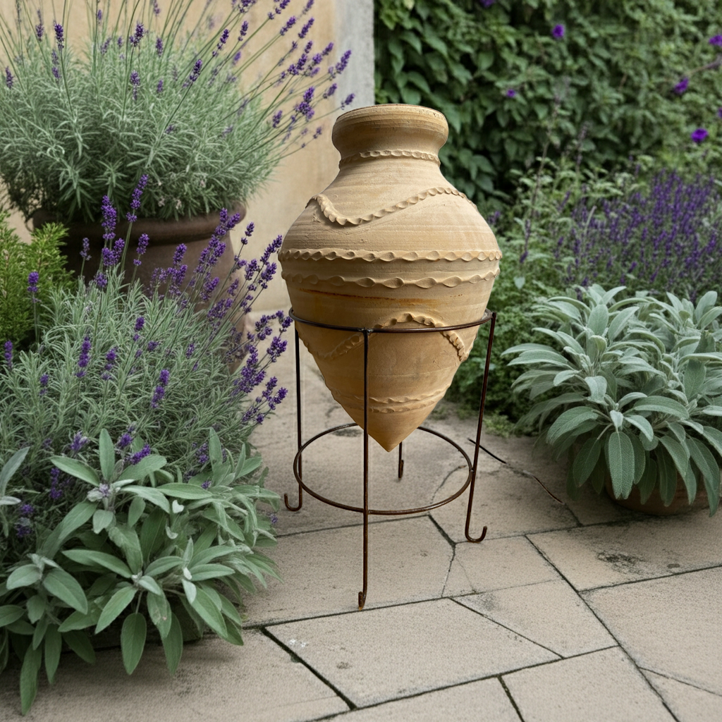Decorative terracotta pot on a stand surrounded by potted plants with lavender and green foliage.  Dedalus Pot 