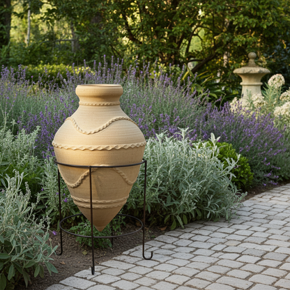 Decorative terracotta vase on a stand in a garden setting with lavender and other plants. Dedalus Pot 