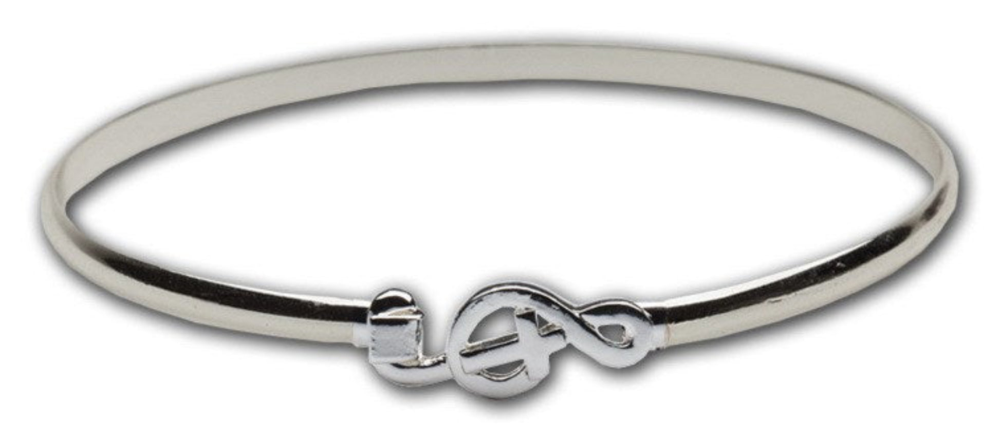 Silver bracelet with a music note design on a white background