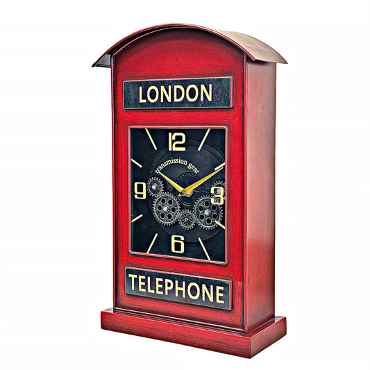 Red clock tower-shaped clock with 'London' and 'Telephone' text on a white background