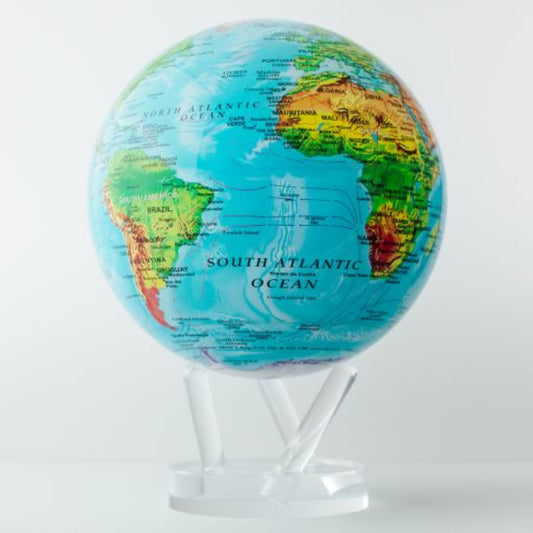 4.5" Mova Globe Blue Relief Map – rotating desktop globe with raised terrain and ocean features, decorative and educational