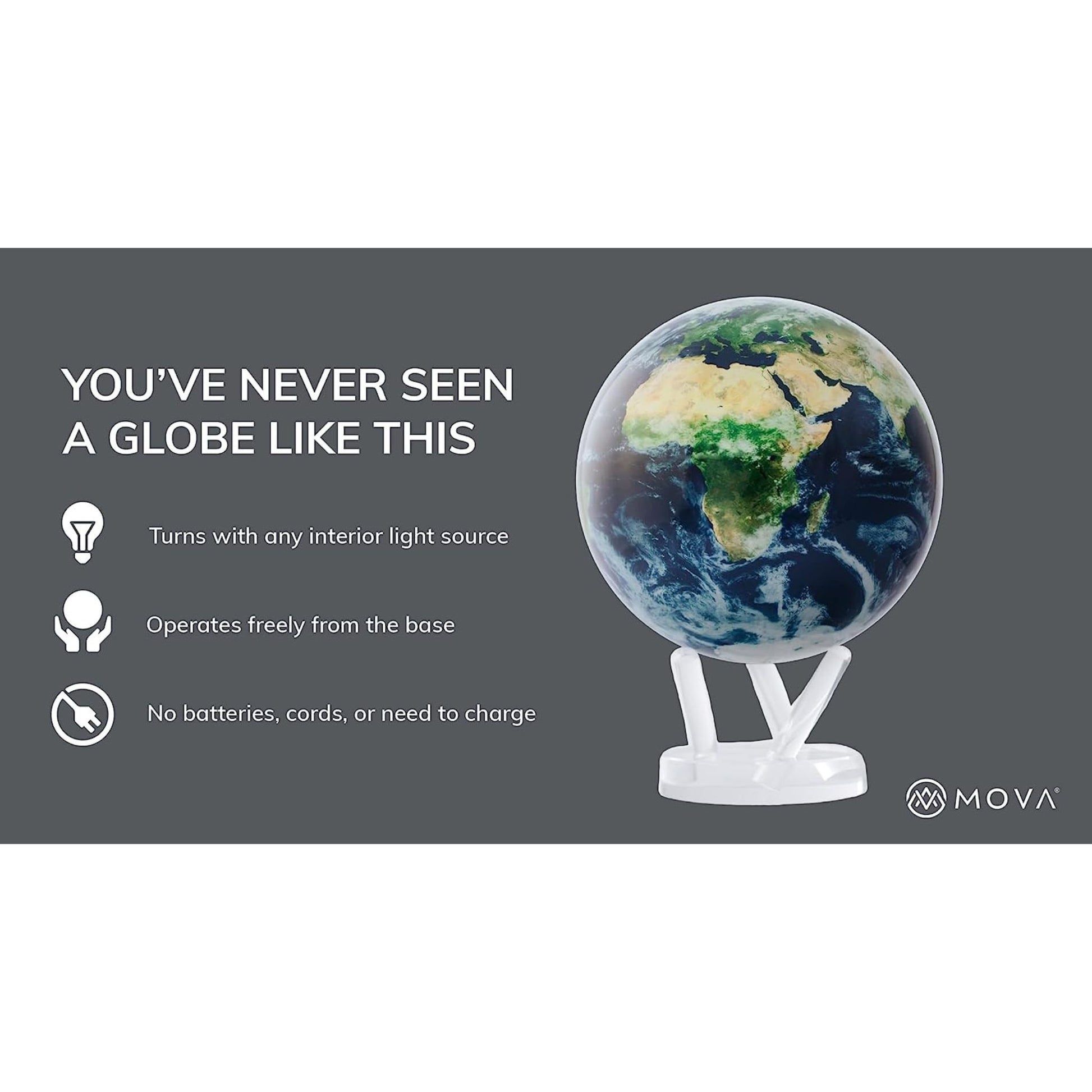 Mova Globe – rotating desktop globe featuring realistic Earth design, clouds, and oceans, decorative and educational collectible