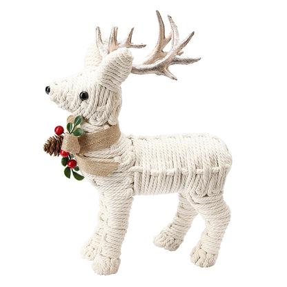 Weaved Rope Covered Standing Reindeer with Champagne Antlers & Bow – 33cm, Ivory