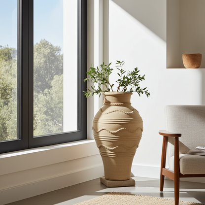 Cretan pot set in a living room with olive branches
