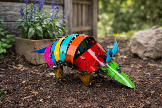 A colorful metal armadillo garden sculpture. 