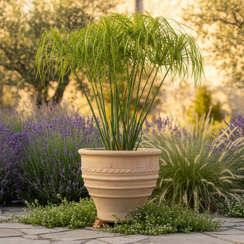 Cretan Cheese Jar with King Tut Papyrus in Garden